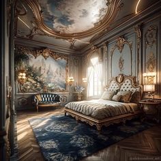 an ornately decorated bedroom is shown in gold and blue tones, with a large painting on the wall