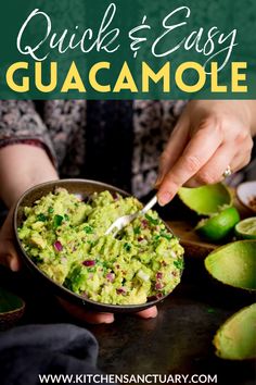 guacamole in a bowl being spooned into it with text overlay that reads quick and easy guacamole