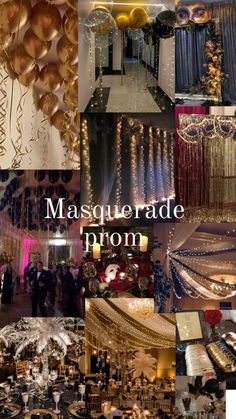 masquerade prom collage with gold and black decorations, balloons, streamers