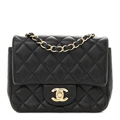 This is an authentic CHANEL Lambskin Quilted Mini Square Flap in Black. This classic bag is finely composed of luxurious diamond quilted lambskin leather in black. The bag features a waist-length polished gold chain link leather threaded shoulder strap and a polished gold Chanel CC turn lock. This opens the front flap to a black leather interior with zipper and patch pockets. Gold Chanel, Leather Thread, Classic Bags, Diamond Quilt, Waist Length, Leather Interior, Lambskin Leather, Chain Link, Gold Chain