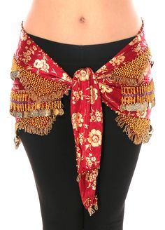 Burgundy and Gold Floral Metallic Print Beaded Coin Hip Scarf | Cairo Collection Belly Dance Belt, Hip Scarf, Hip Scarves, Belly Dancing, Metallic Prints, Beauty Dress, Patterned Scarves, Boho Diy, Burgundy And Gold