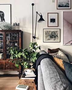 a living room filled with furniture and pictures on the wall