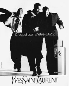 an advertisement for the french film yes saint laurent, featuring three men in suits and ties