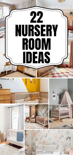 the nursery room is decorated in pink, white and blue with text overlay that reads 22 nursery room ideas