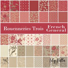 the french general fabric pattern is shown in red and beige colors, with flowers on them