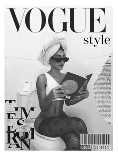 a woman sitting on top of a toilet with a magazine in front of her face