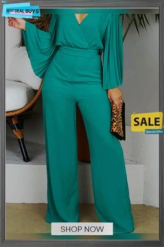 Elegant Plain Fashion Wide Leg Pants Elegant Green Solid Color Pants, Casual Solid Color Party Pants, Plain Fashion, Classy Jumpsuit, Jumpsuit Elegant, Pants Green, Pantsuits For Women, Jumpsuit Fashion, Wide Legs