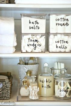 the shelves are filled with different types of bathroom items and labeled in black letters on them