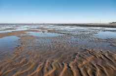 the beach is covered in brown sand and low tide has made it difficult to get wet