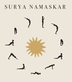 the book cover for surya namaskar, with silhouettes of people doing yoga