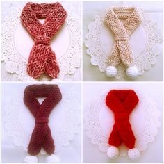 four different knitted scarves on doily