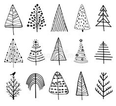 hand drawn christmas trees on white background