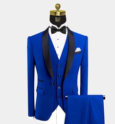 a blue tuxedo suit with black lapel and pants