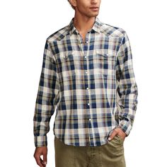 Flaunt your comfortable style by donning the Lucky Brand® Plaid Indigo Western Shirt. Crafted for the bold, it displays a distinctive plaid print and western-inspired details like a spread collar and double button-flap pockets. Experience unmatched comfort and style with its button-down design and tailored fit..Long sleeves with buttoned cuffs..100% cotton..Machine washable..Imported. Casual Shirt With Button Closure For Rodeo, Casual Plaid Tops For Rodeo, Casual Rodeo Shirt With Button Closure, Casual Cotton Flannel Shirt For Rodeo, Casual Plaid Shirt For Rodeo, Casual Shirt With Snap Buttons For Rodeo, Casual Long Sleeve Flannel Shirt For Ranch, Casual Plaid Flannel Shirt For Rodeo, Western Cotton Flannel Shirt With Button Closure