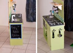 two pictures of a play kitchen made out of an old stove top oven and sink