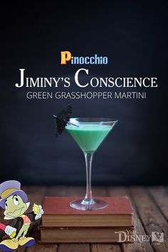 the cover of jimmy's conscence green grasshopper martini, with a cartoon character next to it