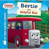 there is a red bus with people riding on the front and behind it that says bertie the helpful bus