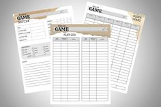 three printable game sheets on top of each other with the word game written in it