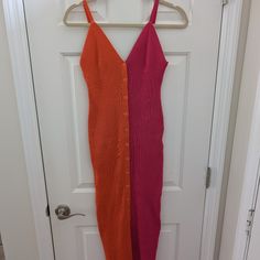 Beautiful Knit Maxi Dress Front Half Orange And Pink, Back Is Solid Orange Size Small Never Worn Pink Ribbed Sweater Dress, Pink Long Fitted Midi Dress, Pink Fitted Long Midi Dress, Pink Fitted Midi Sweater Dress, Chic Pink Ribbed Sweater Dress, Pink Fitted Knit Sweater Dress, Pink Fitted V-neck Sweater Dress, Chic Pink Midi Sweater Dress, Casual Pink Ribbed Dress