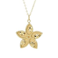 You'll love the ornate details of this Stefano Oro star necklace. Made in Italy, it's finely crafted in rich 14K yellow gold. The diamond-cut design has satin and polished finishes that beautifully show off the milgrain detail and intricate designs on the star pendant. Measuring 18", the flat rolo chain secures with a spring ring clasp. You'll want to wear this pretty piece all the time. It's a perfect finishing touch to any of your favorite ensembles, whether you're going casual or dressing up. Gold Jewelry With Starfish Charm In 14k Gold, Elegant Yellow Gold Star-shaped Jewelry, 14k Gold Jewelry With Starfish Charm, Star-shaped Yellow Gold Jewelry, Gold Starfish Charm Jewelry In 14k Gold, Elegant Yellow Gold Necklaces With Starfish Charm, Gold Star-shaped 14k Diamond Necklace, Elegant Yellow Gold Necklace With Starfish Charm, Luxury Yellow Gold Star Necklace