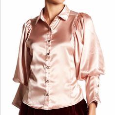 Gracia Satin Bishop Sleeve Collar Shirt In Blush - Blush - Size: Medium - Purchased Directly From Website - By Far The Cutest Classy And Chic Blouse Ever. Bundle & Save I Also Am Always Open To Offers Chic Blouses, Bishop Sleeve, Fashion Over 40, Blush Color, Fashion Over 50, Collar Shirt, Collar Shirts, The Cutest, Button Down Shirt