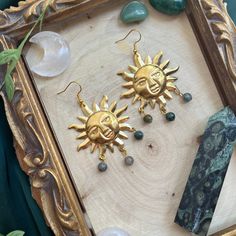 Brass sun charms w/ hypoallergenic earring hooks w/ ocean jasper beads Eclectic Witch, Jasper Beads, Hypoallergenic Earrings, Earring Hooks, Ocean Jasper, Crystal Items, Crystal Earrings, Bead Charms, Halloween Costumes