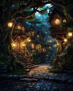 an image of a fantasy village at night