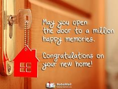 a door handle with a house shaped key hanging from it and the words congratulationss on your new home