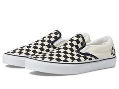 Vans Classic Slip-On Wide - Shoes : Checkerboard Black/Classic White : Improve speed and comfort of your feet by wearing Vans Classic Slip-On Wide footwear. Textile upper. Textile lining and insole. Slip-on style. Round toe. Elastic side gores. Low-top design. Branding at heel. Synthetic outsole. Imported. Measurements: Weight: 13 oz Product measurements were taken using size Men's 9, Women's 10.5, width Wide. Please note that measurements may vary by size. Weight of footwear is based on a single item, not a pair. Vans Slip On Women, Gray Checkered Vans, Vans Black And White Slip On, Black Checkered Vans, Checkerboard Vans, Vans Checkerboard Slip On, Vans Black And White, Vans Slip On, Vans Shop