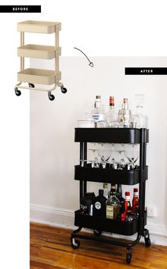 a bar cart with bottles and glasses on it