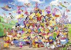 a group of cartoon characters standing in front of a castle with lots of people around it