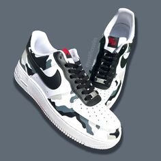 Hand painted black/white/grey/red camouflage on authentic white AF1's. Painted with water resistant and non cracking leather paint, finished off with a matted protective finisher. Sizing details Air Force 1's run big, so we recommend that customers choose a half size down from their usual size. Modern White Sneakers With Waterproof Paint, White Custom Sneakers With Branded Insole For Outdoor, Custom White Leather Sneakers For Outdoor, Black Waterproof Sneakers For Sports, Camouflage Leather Sneakers For Streetwear, White Leather Custom Sneakers For Outdoor, Leather Camouflage Sneakers For Streetwear, White Custom Sneakers With Waterproof Paint For Sports, White Custom Leather Sneakers With Waterproof Paint