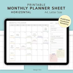 Undated Printable Monthly Planner Sheet | Landscape | Digital | A4 + Letter onenotedigitalplanner #notioncourseplanner #customteacherplanners #digitalplannertutorial Goodnote Planner, Calendar Landscape, Daily Planner Sheets, Calendar Inserts, Undated Calendar, Weekly Hourly Planner, Landscape Calendar, Undated Monthly Planner, Time Management Techniques