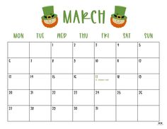 the march calendar with lepreite hats and shamrocks on it's face