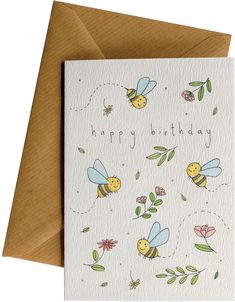 a card with bees and leaves on it, saying happy birthday to the little ones