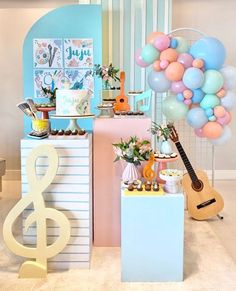 a party with balloons and musical instruments