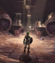 the legend of zelda is standing in front of an entrance to a cave like setting