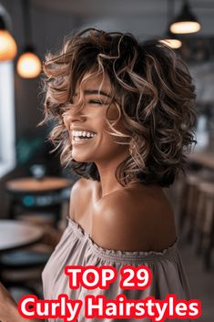 29 Gorgeous Curly Hair Types to Embrace Your Pure Texture- #Curly #Embrace #Hair #Natural #Stunning #styles #Texture Check more at https://howcandothis.com/hairstyleideas/29-gorgeous-curly-hair-types-to-embrace-your-pure-texture/ Shoulder Length Haircut With Layers And Bangs, Waves Experiment, Medium Curly Haircuts With Bangs, Shag Haircut Long Hair, Shoulder Length Curly Hair With Bangs, Medium Length Curly Haircut With Layers, Curtain Bangs With Curly Hair, Shoulder Length Curly Hair With Layers, Curtain Bangs Curly Hair