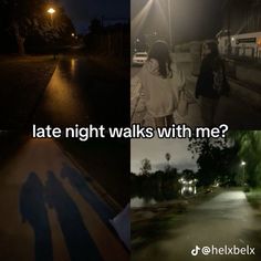 two people walking down the street at night