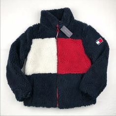 Tommy Hilfiger Women's Sherpa Jacket Color Blocked Logo Outwear Size S Cozy Color Block Outerwear For Winter, Cozy Long Sleeve Color Block Outerwear, Cozy Color Block Winter Outerwear, Multicolor Winter Outerwear With Contrast Colors, Multicolor Contrast Winter Outerwear, Winter Patchwork Fleece Jacket, Winter Patchwork Fleece Jacket For Cold Weather, Multicolor Winter Outerwear, Multicolor Outerwear For Winter