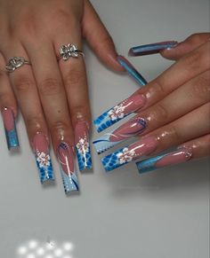 Nail Art Designs Blue And White, Long Acrylic Summer Nails, Blue And Pink Summer Nails, 2024 Summer Nail Ideas, Dominican Republic Nails, Summer Long Nail Ideas, Tenerife Nails, Trendy Baddie Nails, Early 2000 Nails