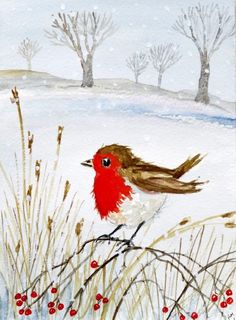 a painting of a bird sitting on a branch in the snow with berries around it