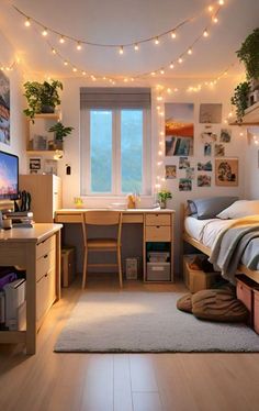 a bedroom with lights strung above the bed and desk in front of it, on top of a rug