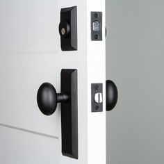 an open door with black handles and knobs