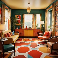 a living room filled with lots of furniture and colorful rugs on the floor next to windows