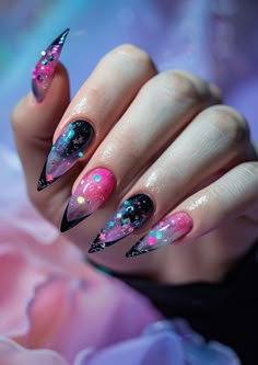 Pink And Black Stiletto Nails, Weird Nails, Stiletto Nails Design, Cosmic Nails, Concert Nails, Witchy Nails, Punk Nails, Gothic Nails, Goth Nails