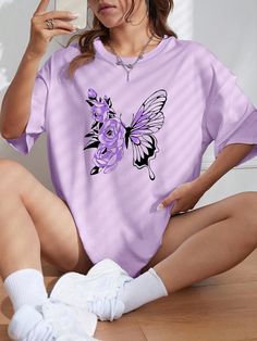 Tween Girl Retro American Style Purple Butterfly Design T-Shirt, Short Sleeves, Slouchy & Comfortable Summer Fashion Purple Casual  Short Sleeve Fabric Animal,Plants,Butterfly  Medium Stretch  Tween Girls Clothing, size features are:Bust: ,Length: ,Sleeve Length: Fabric Butterfly, Girls T Shirts, Drop Shoulder Tee, Graphic Tops, Inspiration Mode, Casual Girl, Butterfly Print, Graphic Tees Women