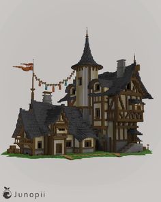 Minecraft build of a medieval house with slopped roofs, a flag, and hanging banners. Minecraft Deep Slate House, Minecraft Deep Slate Build, Minecraft Base, Brick Roof, Minecraft Aesthetic, Base Ideas, Minecraft Interior, Minecraft Cottage, Minecraft Castle