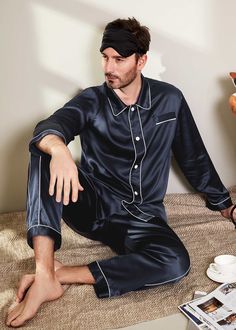 Not your usual pajamas. The Men's Silk Pajama Set with Piping is a cut above the rest. Elevate your loungewear with this luxe pajama set featuring contrast white piping around the collar, button front, cuffs, and hems, as well as on the side seam of the comfortable fit pants. 22 Momme Charmeuse Silk Glossy Smooth Soft. Mens Silk Pajamas, Silk Pajamas Set, Silk Duvet Cover, Silk Pajamas Women, Silk Bedding Set, Silk Nightwear, Silk Pajama, Camisole Set, Silk Sleepwear