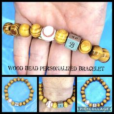 This bracelet is perfect alone or with other layering bracelets! Show your love for the game and your favorite player! This bracelet is made with dark pine or light natural wood 10mm beads, a ceramic baseball or softball bead, and a hand stamped aluminum bead. The bead can be personalized on all 4 sides. Bracelet is stretchy, so one size only, which measure 7.5 inches around. When personalizing, please specify the following options in the Personalization Section: Name (5 characters max) Number I Wooden Bead Bracelet, Baseball Bracelet, Layering Bracelets, Baseball Earrings, Bracelet Initial, Stackable Bracelets, Personalized Bracelets, Layered Bracelets, Bead Bracelet